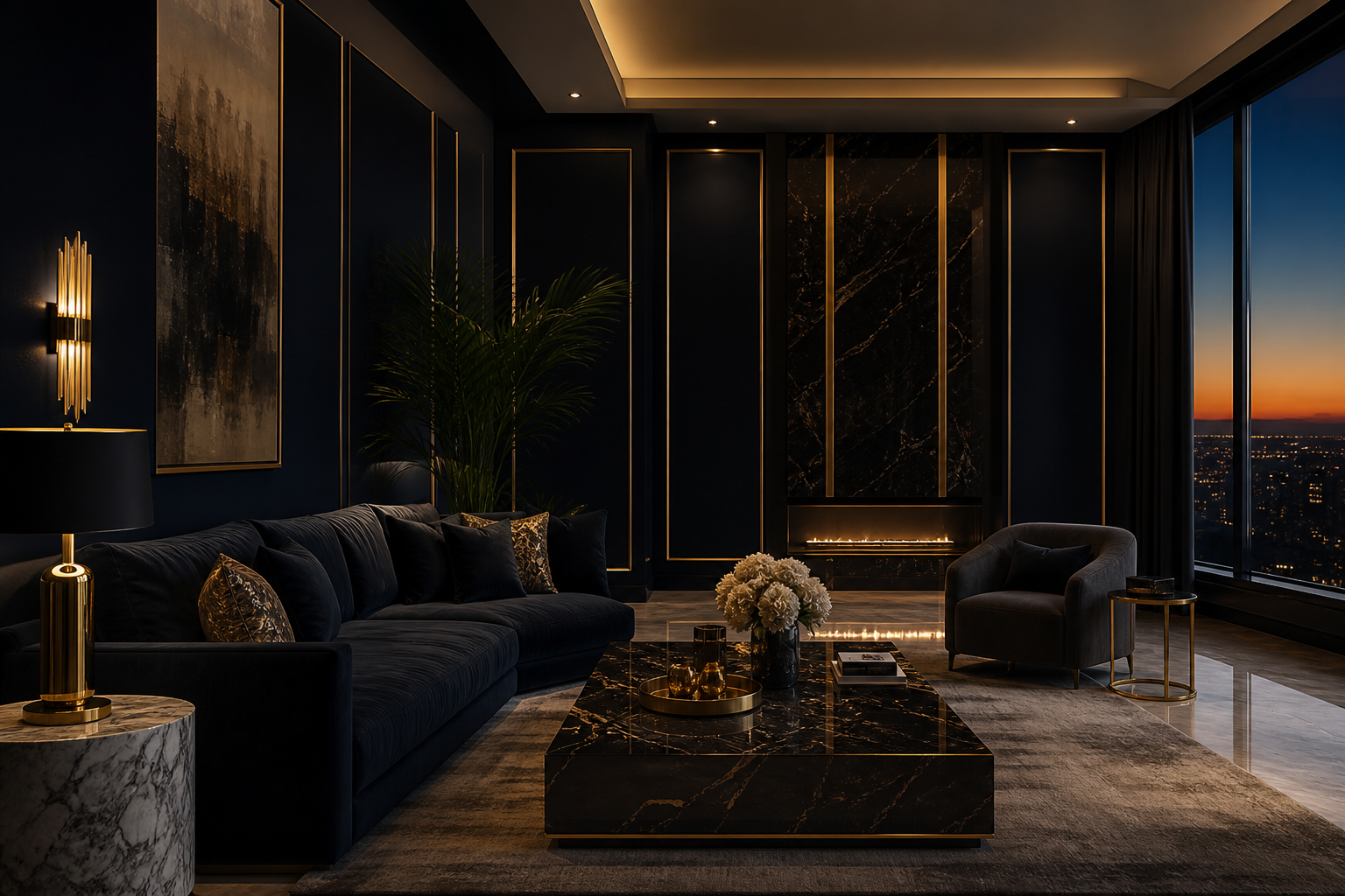 Elegant luxury living room with navy walls and gold accents